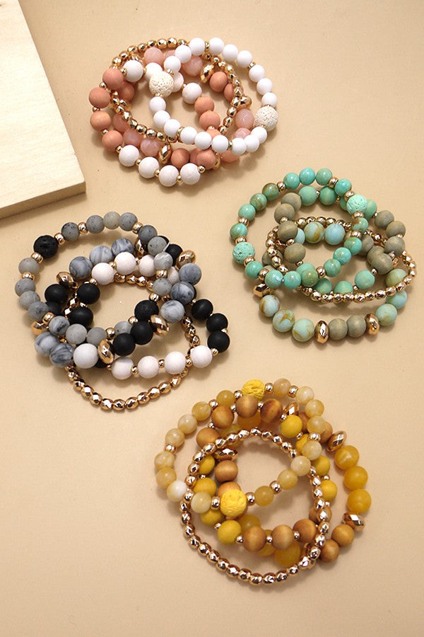 Set of 4 Natural Stone & Wood Bead Bracelets