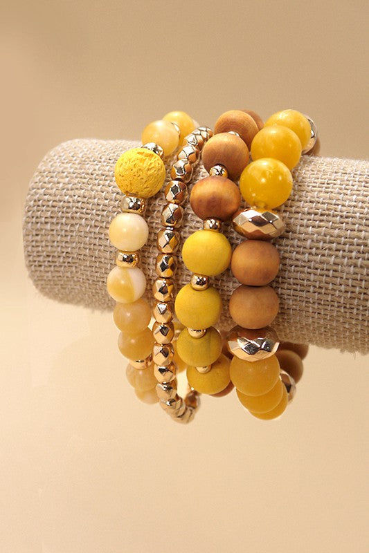 Set of 4 Natural Stone & Wood Bead Bracelets