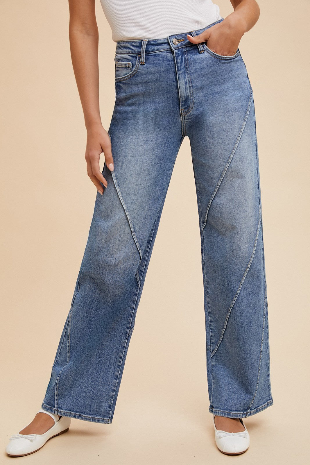 Stretch High-Rise Decorative Seam Wide Leg Jeans