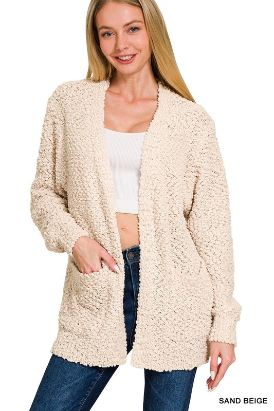 Long Sleeve Popcorn Cardigan With Pockets