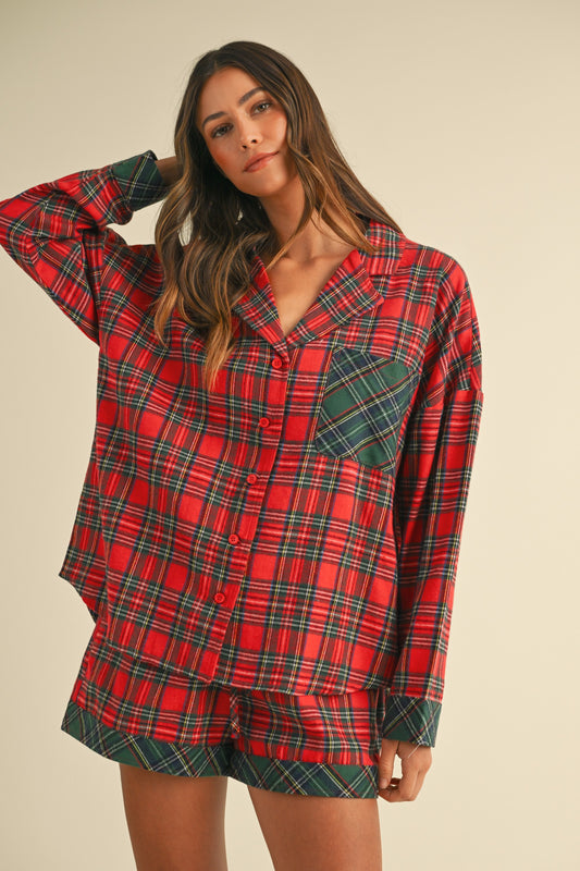 PLAID WOVEN PAJAMA SHIRT & SHORTS SET