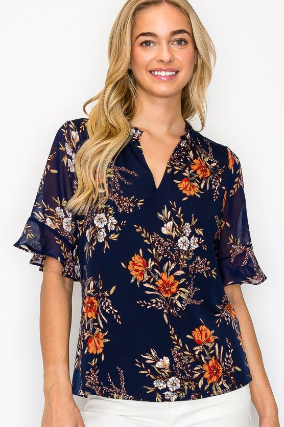 Ruffle V Neck Flutter Short Sleeve Printed Blouse