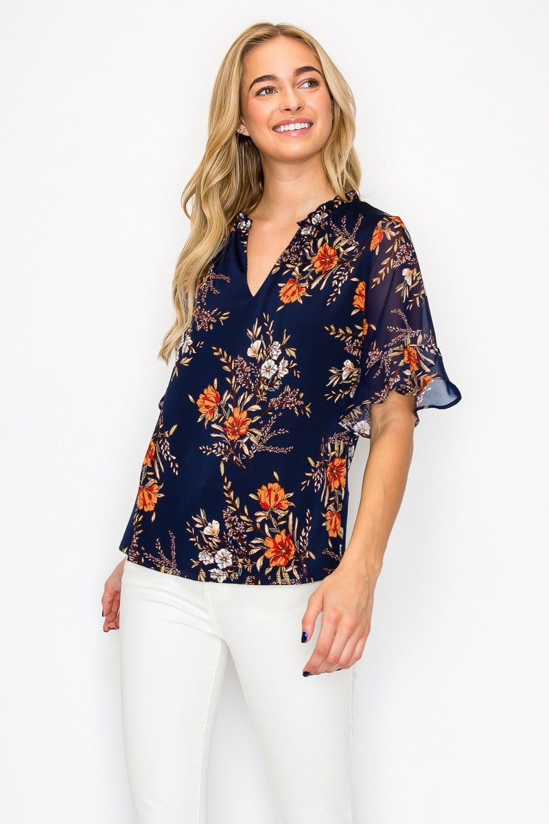 Ruffle V Neck Flutter Short Sleeve Printed Blouse