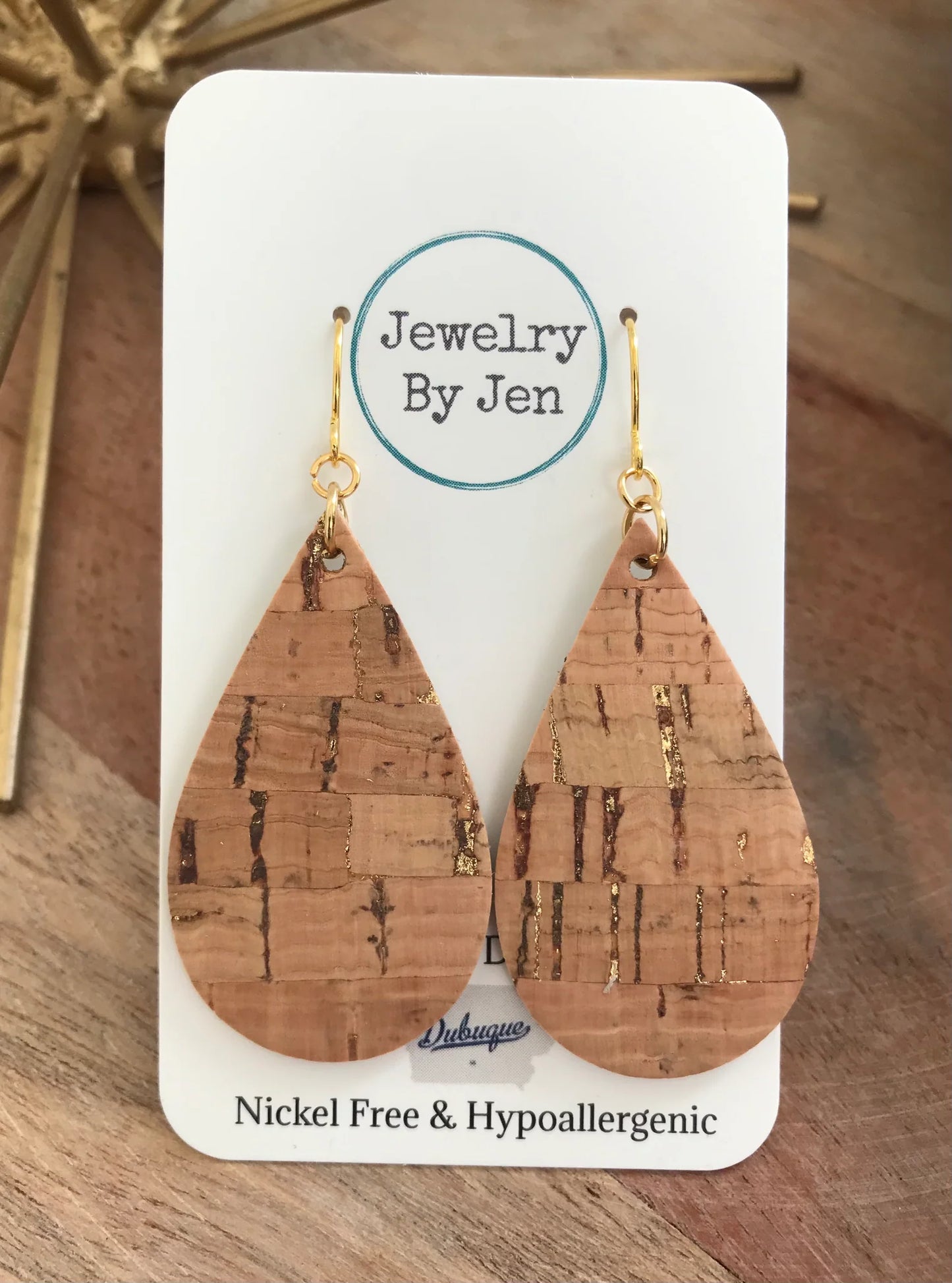 Medium Teardrop Earrings: Cork w/Gold Accents